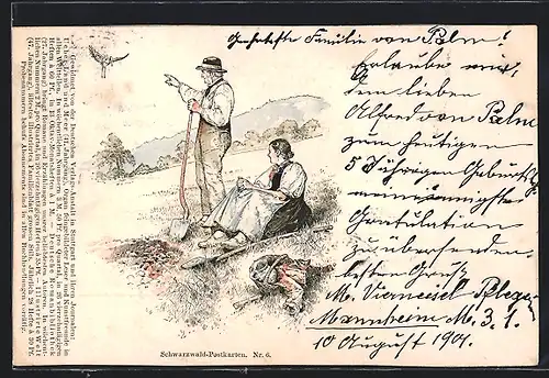 Lithographie Schwarzwald, Älteres Paar in Schwarzwälder Tracht