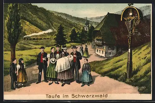 Künstler-AK Schwarzwald, Taufe, Menschen in Schwarzwälder Tracht
