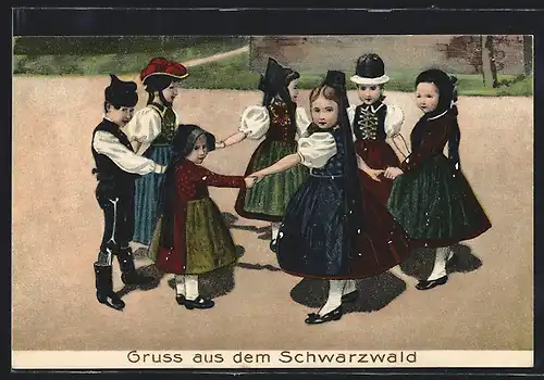 Künstler-Präge-AK Schwarzwald, Tanzende Kinder in Schwarzwälder Tracht