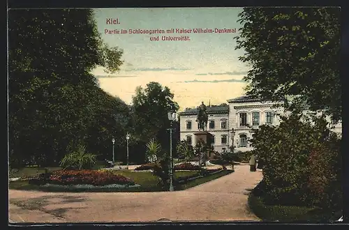 AK Kiel, Schlossgarten mit Kaiser-Wilhelm.Denkmal und Universität
