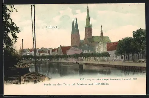 AK Lübeck, Partie an der Trave mit Marien- und Petrikirche