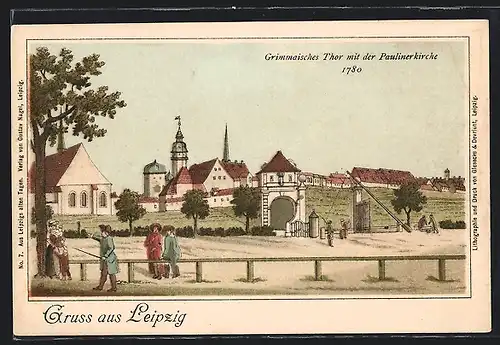 Lithographie Leipzig, Grimmaisches Thor mit der Paulinerkirche um 1780