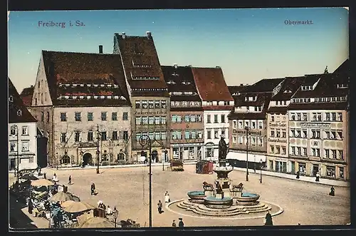 AK Freiberg, Obermarkt mit Brunnen, Apotheke, Rathskeller, Zuckerwarenfabrik, Teppichlager