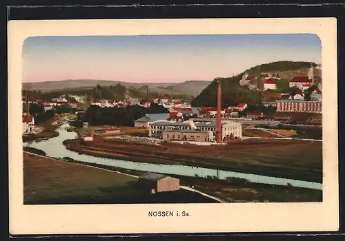 AK Nossen i. Sa., Ortsansicht mit Flusslauf aus der Vogelschau