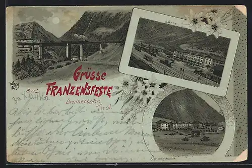 Mondschein-Lithographie Franzensfeste, Brennerbahn, Bahnhof, Stationsgebäude, Brücke