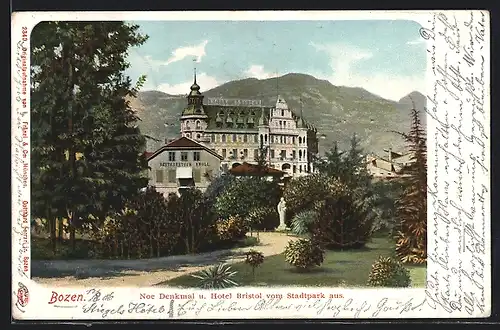 AK Bozen, Noe Denkmal und Hotel Bristol vom Stadtpark aus