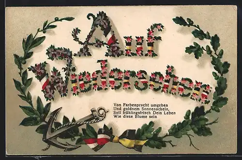 AK Schriftzug Auf Wiedersehen aus Blumen, mit Ehrenkranz