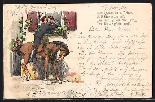 Künstler-AK Soldat zu Pferd küsst seine Liebste zum Abschied, Soldatenliebe