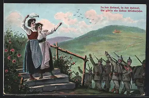 Künstler-AK Frauen verabschieden in den Krieg ziehende Soldaten