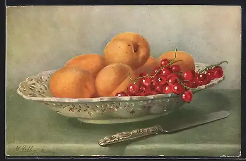 Künstler-AK M. Billing: Schale mit Aprikosen und Roten Johannisbeeren, Stillleben