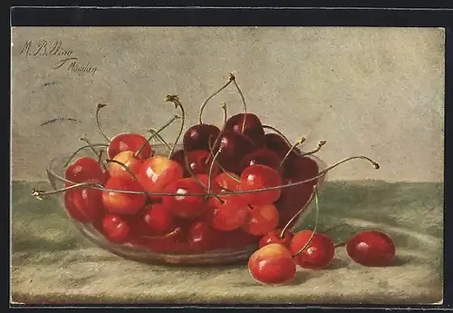 Künstler-AK M. Billing: Stilleben mit Kirschen in einer Glasschüssel