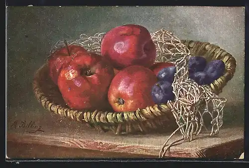 Künstler-AK M. Billing: Äpfel und Pflaumen im Korb