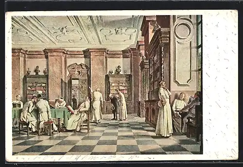 Künstler-AK Alois Greil: Kleriker lesen in der Stiftsbibliothek