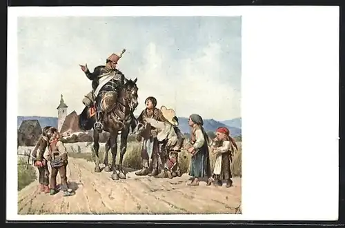 Künstler-AK Honved-Husar und Bauernkinder