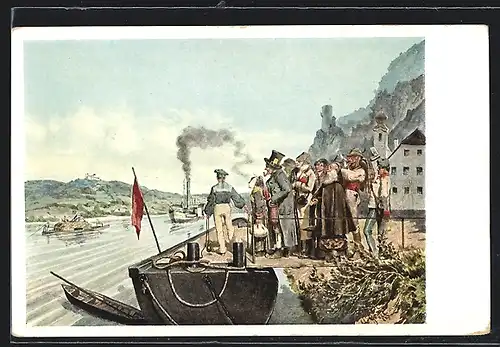 Künstler-AK Linz /Donau, Gemälde Ankunft des Linzer Postdampfers