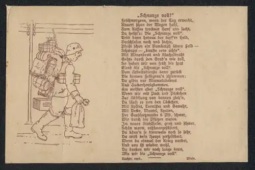 Künstler-AK Soldatenhumor, Soldat mit vollem Gepäck hat die Schnauze voll, Gedicht Schnauze voll!