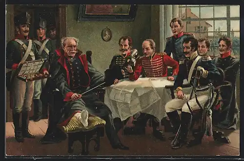 Künstler-AK Blücher empfängt bei Genappe Orden, Hut und Degen Napoleons 1815, Befreiungskriege
