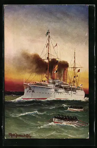 Künstler-AK Kriegsschiff Kreuzer Undine mit Begleitbooten