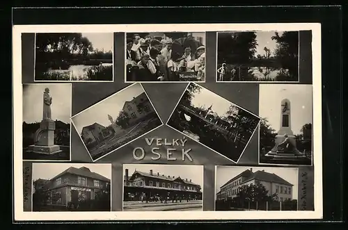 AK Velký Osek, Bahnhof, Flusspartie und Denkmal