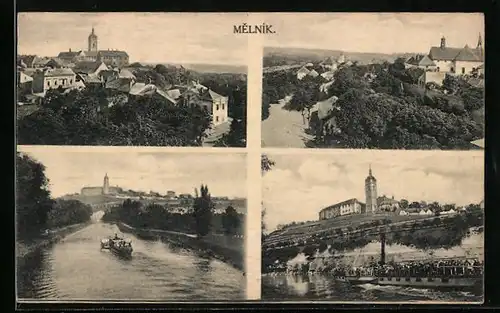 AK Melník, vier versch. Motive, Flusspartie, Panorama