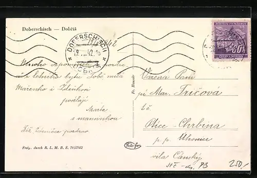 AK Doberschisch, Panorama, Strassenpartie und Kirche