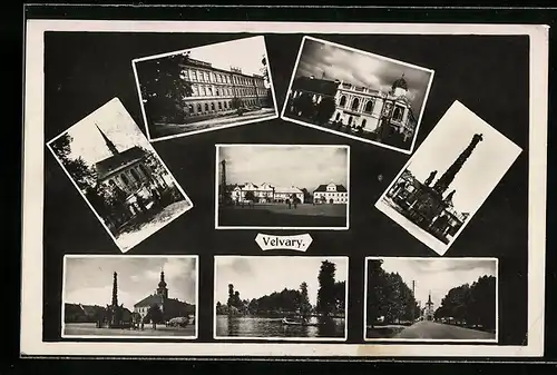 AK Velvary, Platz mit Denkmal, Kirche, Wasserpartie mit Ruderboot