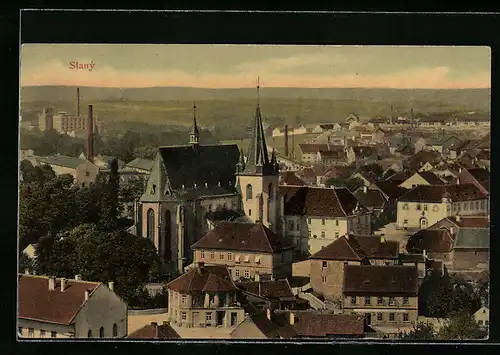 AK Slany, Ortsansicht mit Kirche