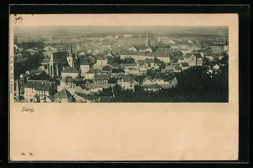 AK Slany, Ortsansicht mit Kirche und grossem Gebäude