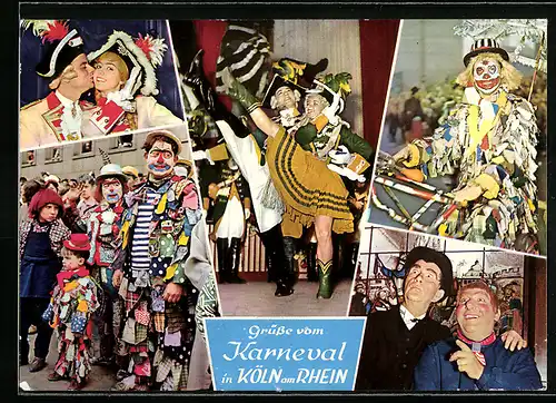AK Köln a. Rhein, Gruss vom Karneval, Lustige Karnevalisten in bunten Kostümen, Fasching