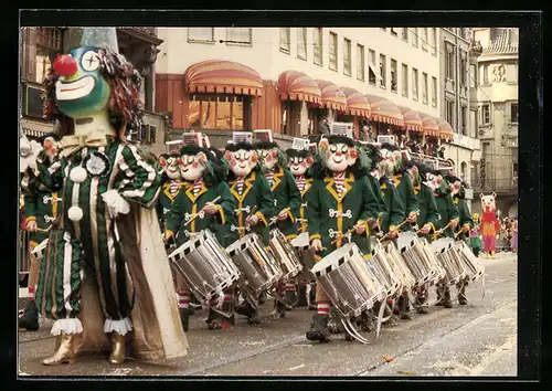 AK Basel, Basler Fasnacht, Tambourmajor mit Tambourgruppe, Fasching