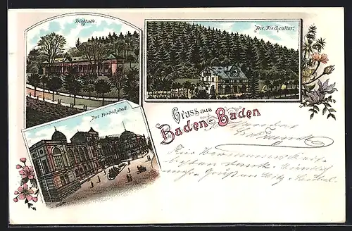 Lithographie Baden-Baden, Trinkhalle, das Friedrichsbad, die Fischcultur