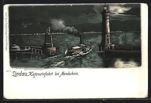 Mondschein-Lithographie Lindau, Dampfer und Leuchtturm in der Hafeneinfahrt