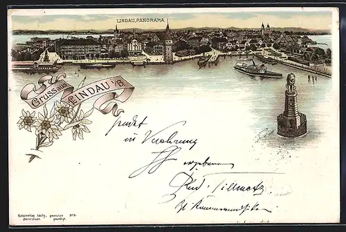 Lithographie Lindau i. B., Panorama mit Dampfer vor der Stadt