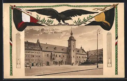 AK Freiberg, Markt mit Rathaus, Adler mit Eichenlaub und Reichsflagge