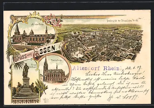 Lithographie Essen /Ruhr, Totalansicht der Krupp`schen Werke, Pauluskirche, Münsterkirche