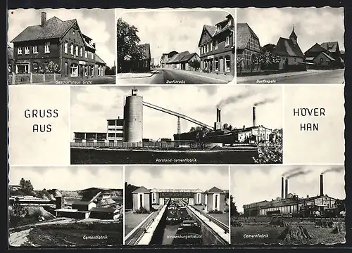 AK Höver /Han, Portland-Cementfabrik, Hindenburgschleuse, Dorfstrasse mit Geschäft