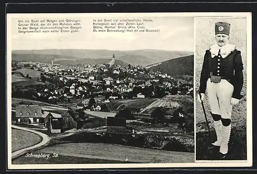 AK Schneeberg, Ortsansicht mit Gedicht, Bergmann in Uniform