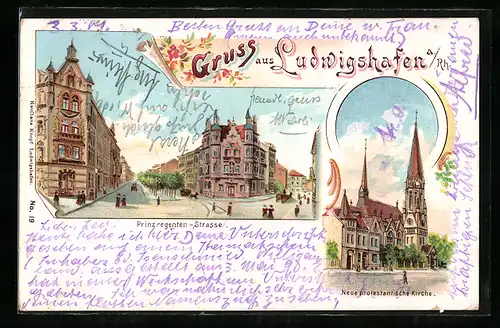 Lithographie Ludwigshafen, Prinzregenten-Strasse, Neue protestantische Kirche