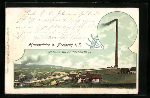 AK Halsbrücke b. Freiberg i. S., Ortsansicht mit höchster Esse der Welt