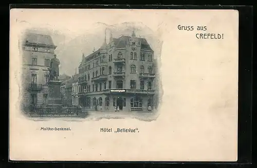 AK Crefeld, Hotel Bellevue und Moltke-Denkmal