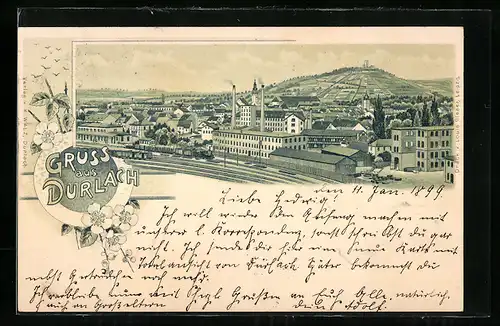 Lithographie Durlach, Ortsansicht mit Fabrikgelände