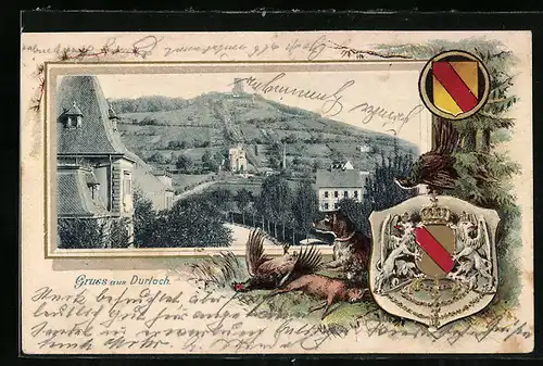 Passepartout-Lithographie Durlach, Blick aus einer Strasse zum Turmberg, Wappen