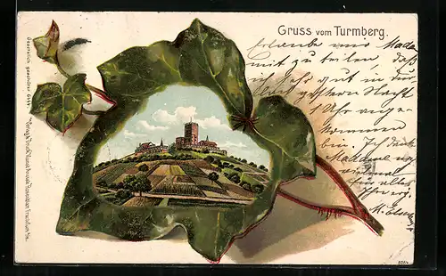 Passepartout-Lithographie Durlach, Turmberg in einem Weinblatt