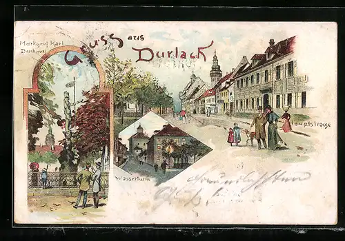 Lithographie Durlach, Hauptstrasse mit Wasserturm, Markgraf Karl Denkmal