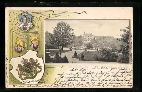 Passepartout-Lithographie Freiberg i. S., Partie im Albertpark, Wappen