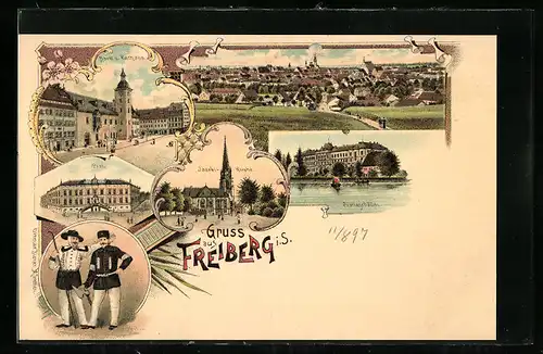 Lithographie Freiberg, Markt und Rathaus, Jacobi-Kirche, Justizgebäude