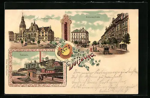 Lithographie Duisburg, Kutsche in der Mülheimerstrasse, Eisenwerk, Neues Rathaus