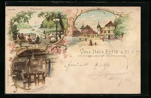 Lithographie Eutin, Voss Haus, Luisenzimmer und Voss-Brücke