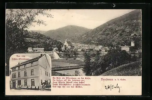 AK Dausenau, Ortspanorama, das historische Wirtshaus Zum Lahnthal, Gedicht