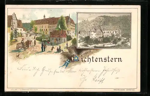 Lithographie Lichtenstern, Ortsansicht mit Wappen und Fahne